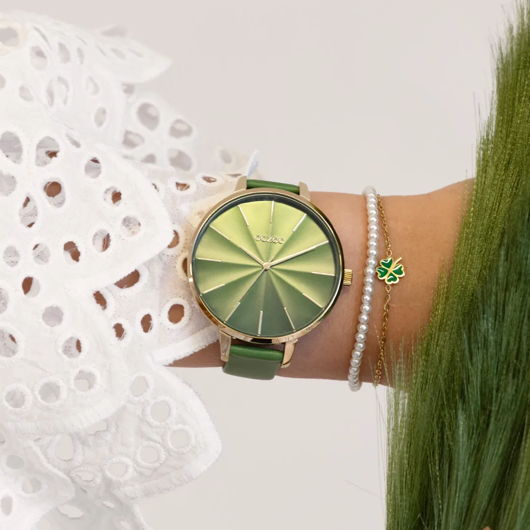 Gold coloured OOZOO watch with green leather strap - C11349