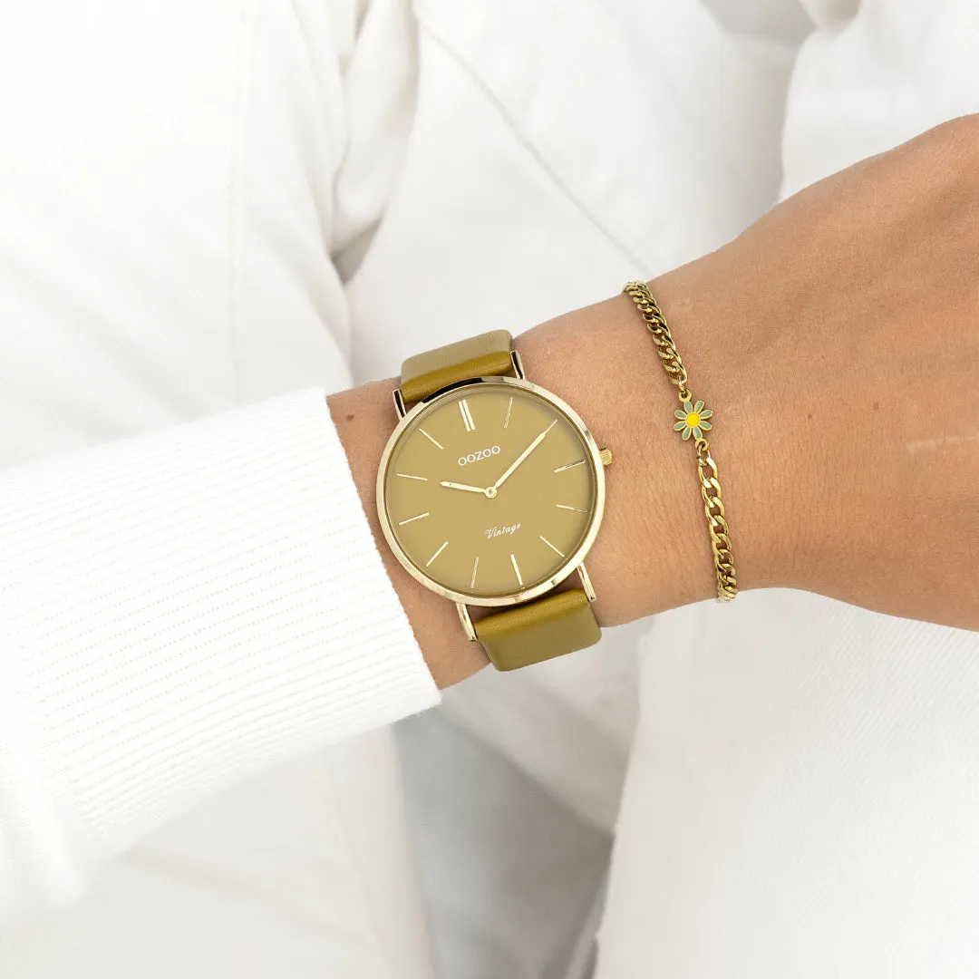 Gold coloured OOZOO watch with olive leather strap - C20327