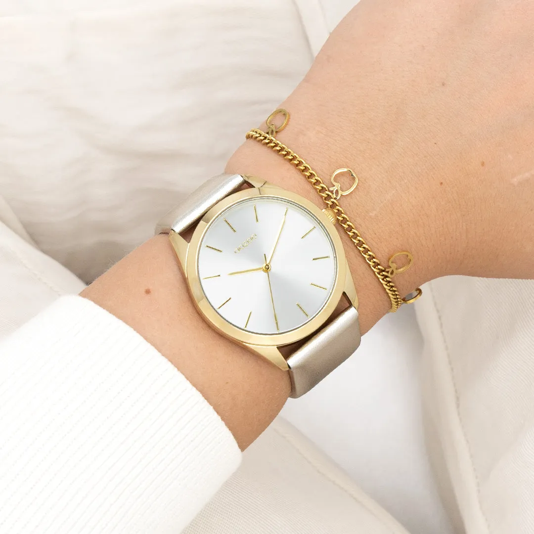 Gold coloured OOZOO watch with silver coloured leather strap - C11330