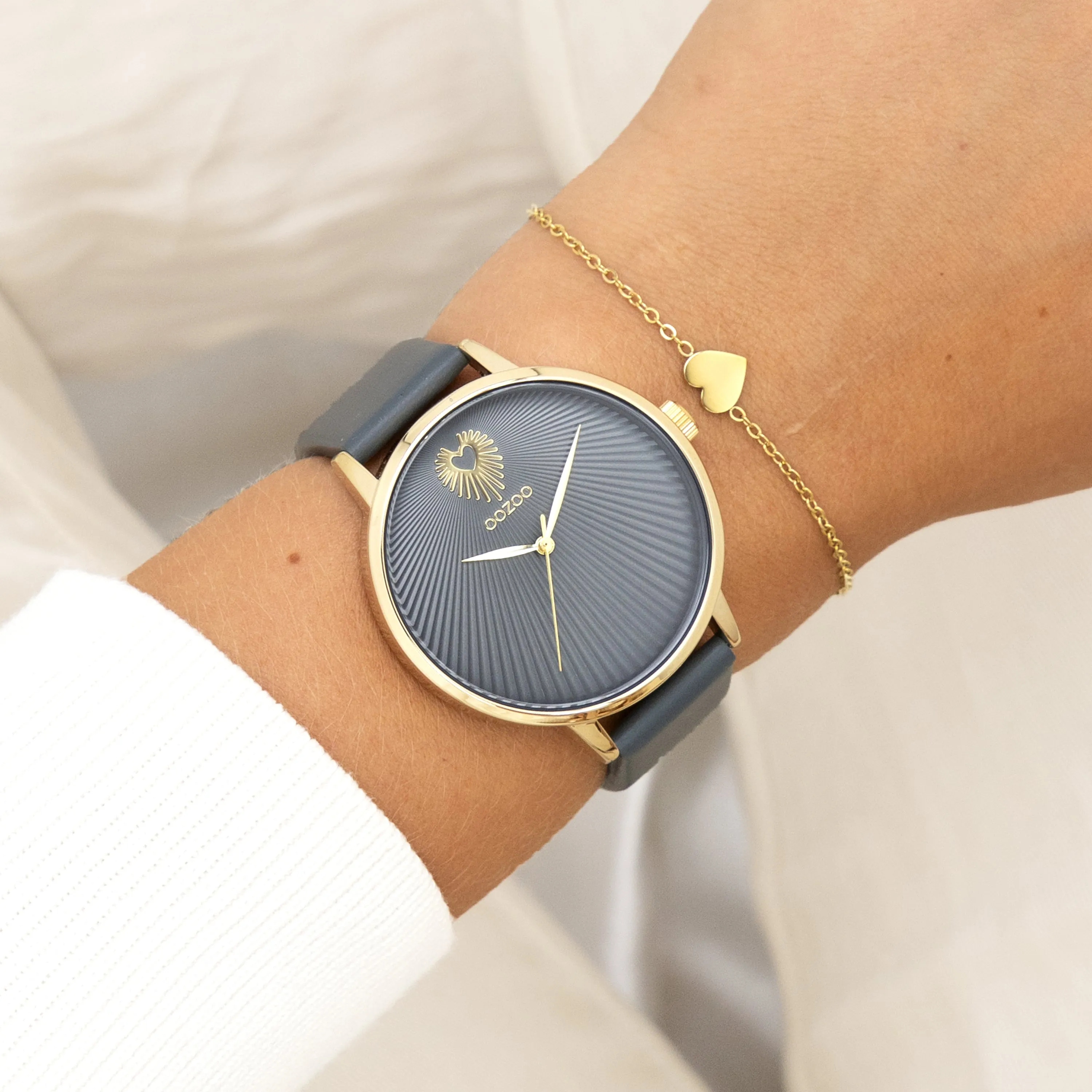 Gold coloured OOZOO watch with smoke grey leather strap - C11244