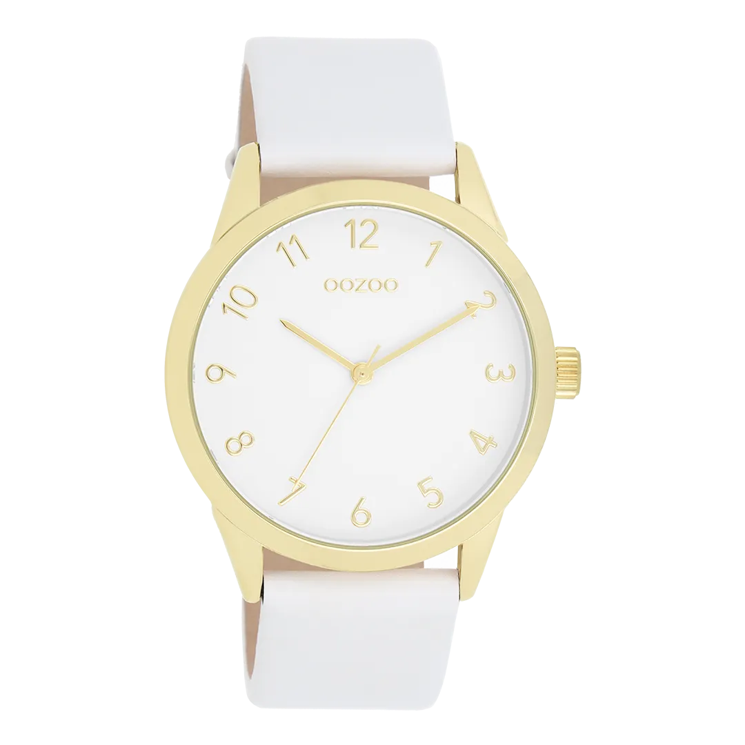 Gold coloured OOZOO watch with white leather strap - C11325