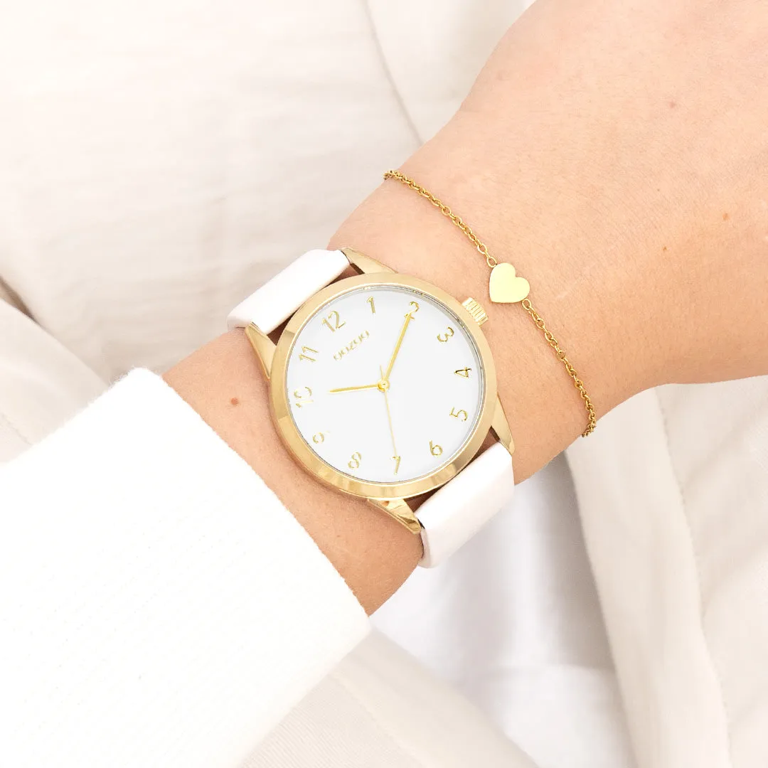 Gold coloured OOZOO watch with white leather strap - C11325