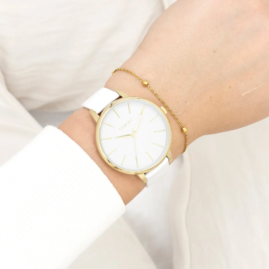 Gold coloured OOZOO watch with white leather strap - C11359