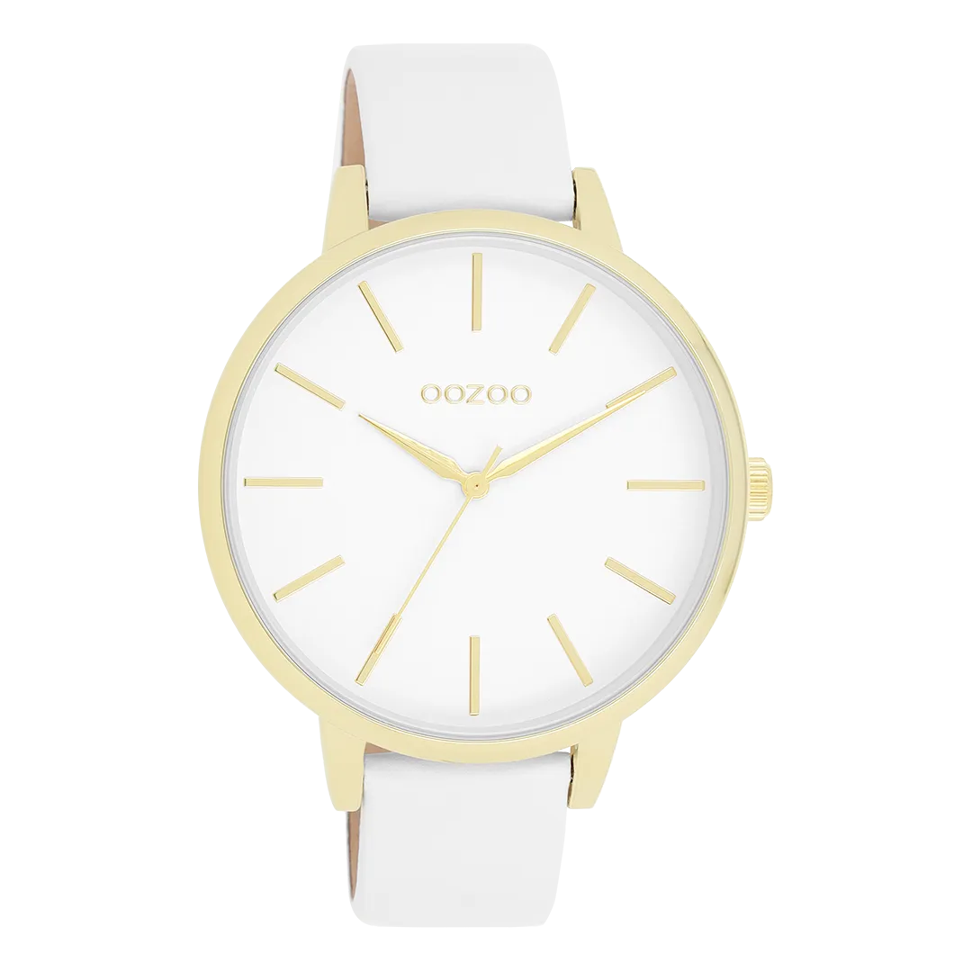 Gold coloured OOZOO watch with white leather strap - C11359