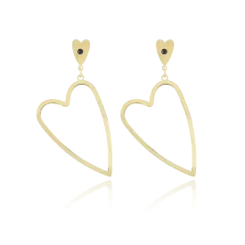 Gold coloured stud earrings with two hearts and a black rhinestone