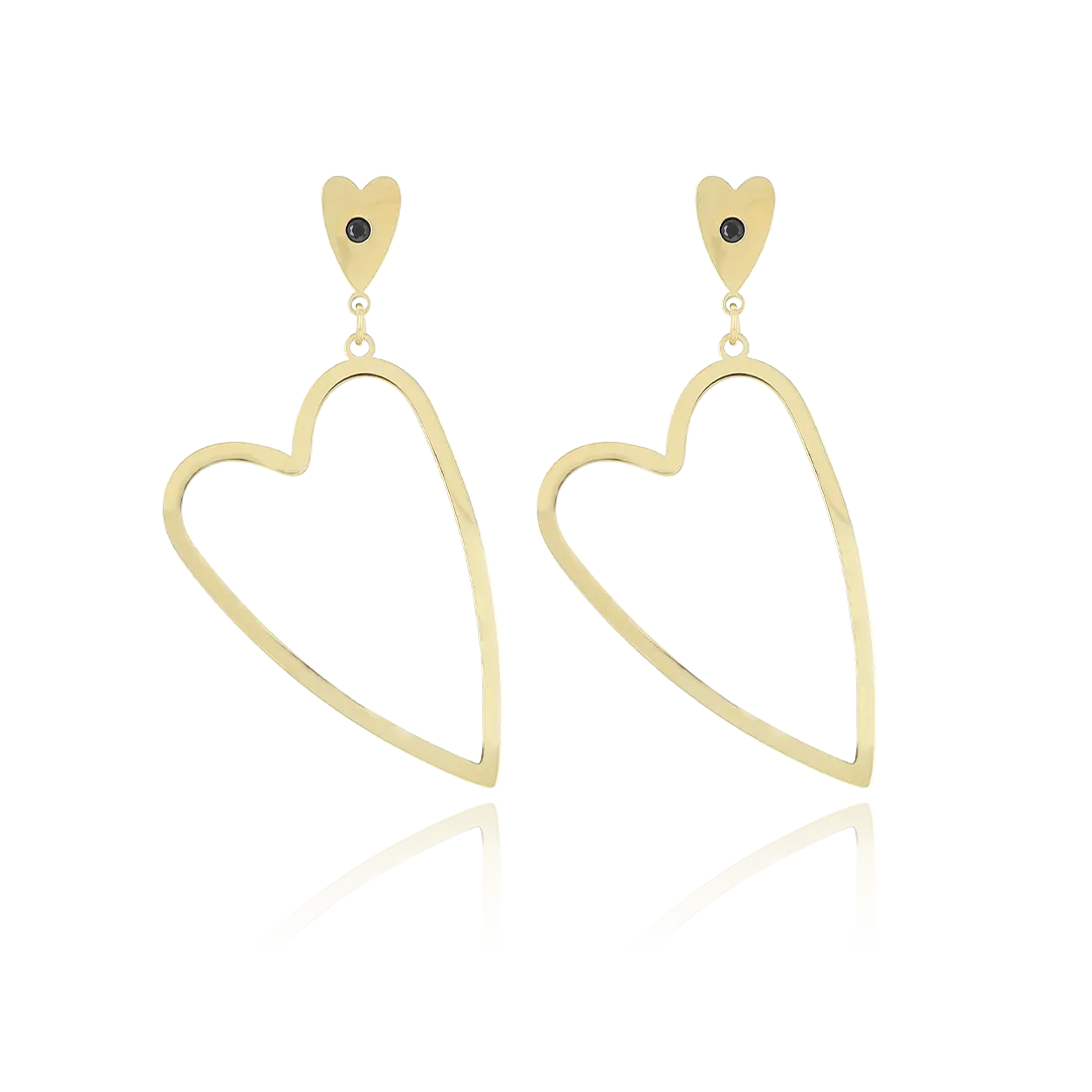 Gold coloured stud earrings with two hearts and a black rhinestone