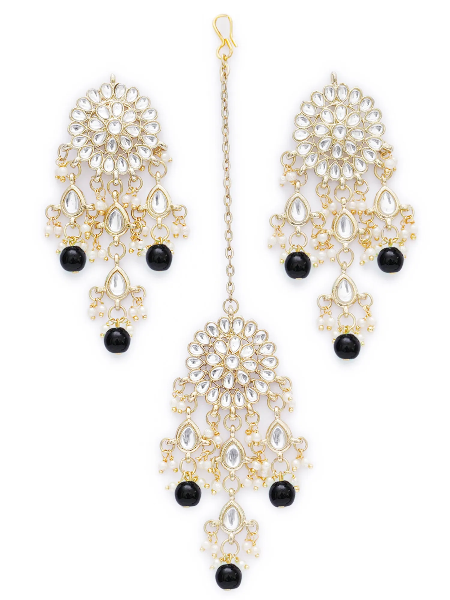 Gold Plated Embellished Black Kundan Tassel Earrings with Maangtikka