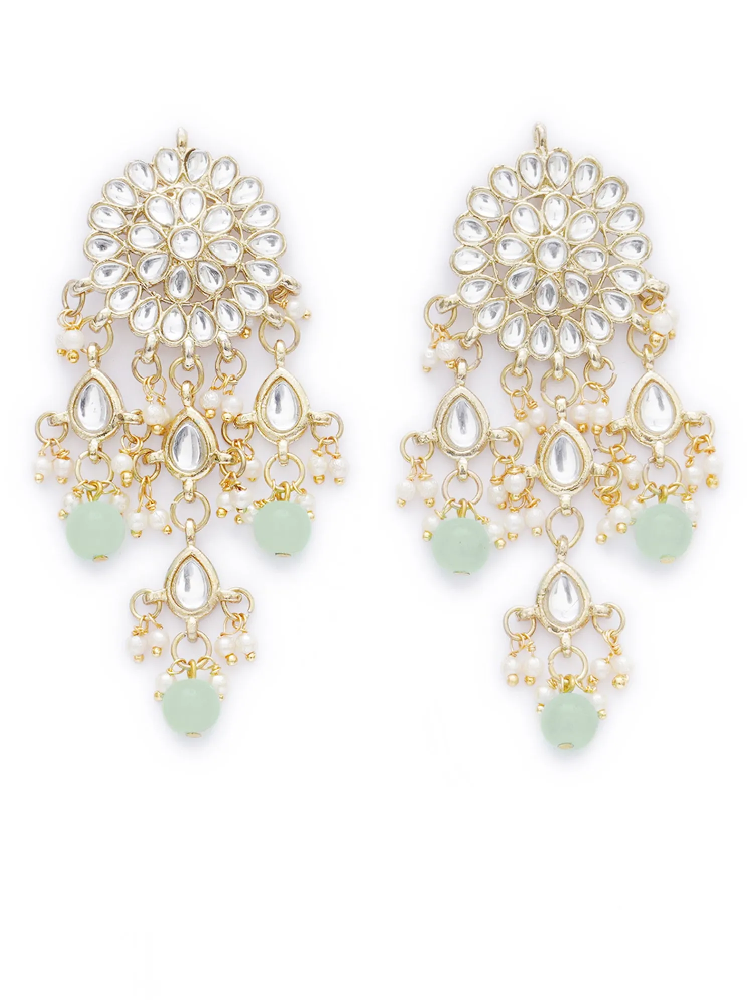 Gold Plated Embellished Light Green Kundan Tassel Earrings with Maangtikka