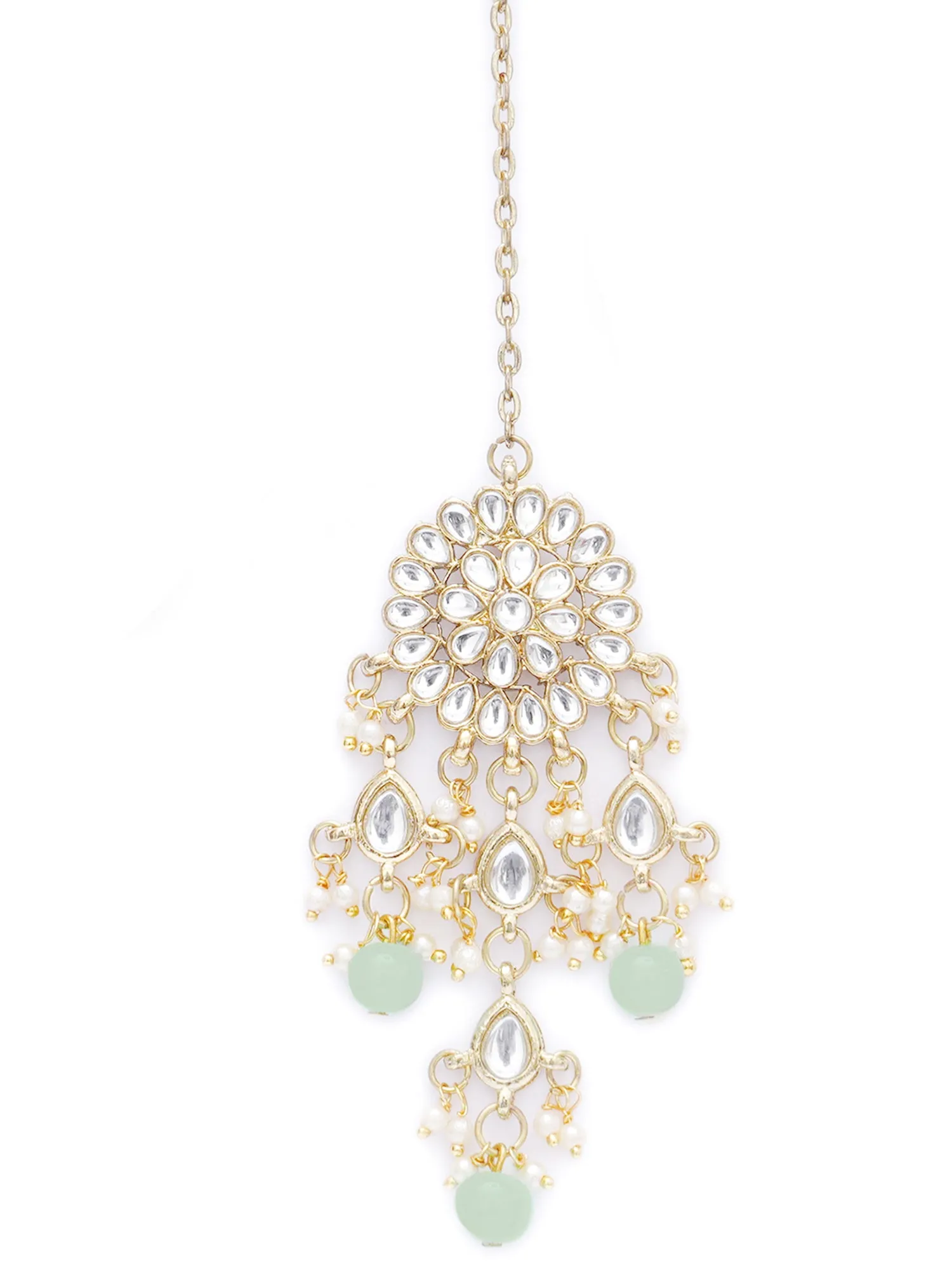 Gold Plated Embellished Light Green Kundan Tassel Earrings with Maangtikka