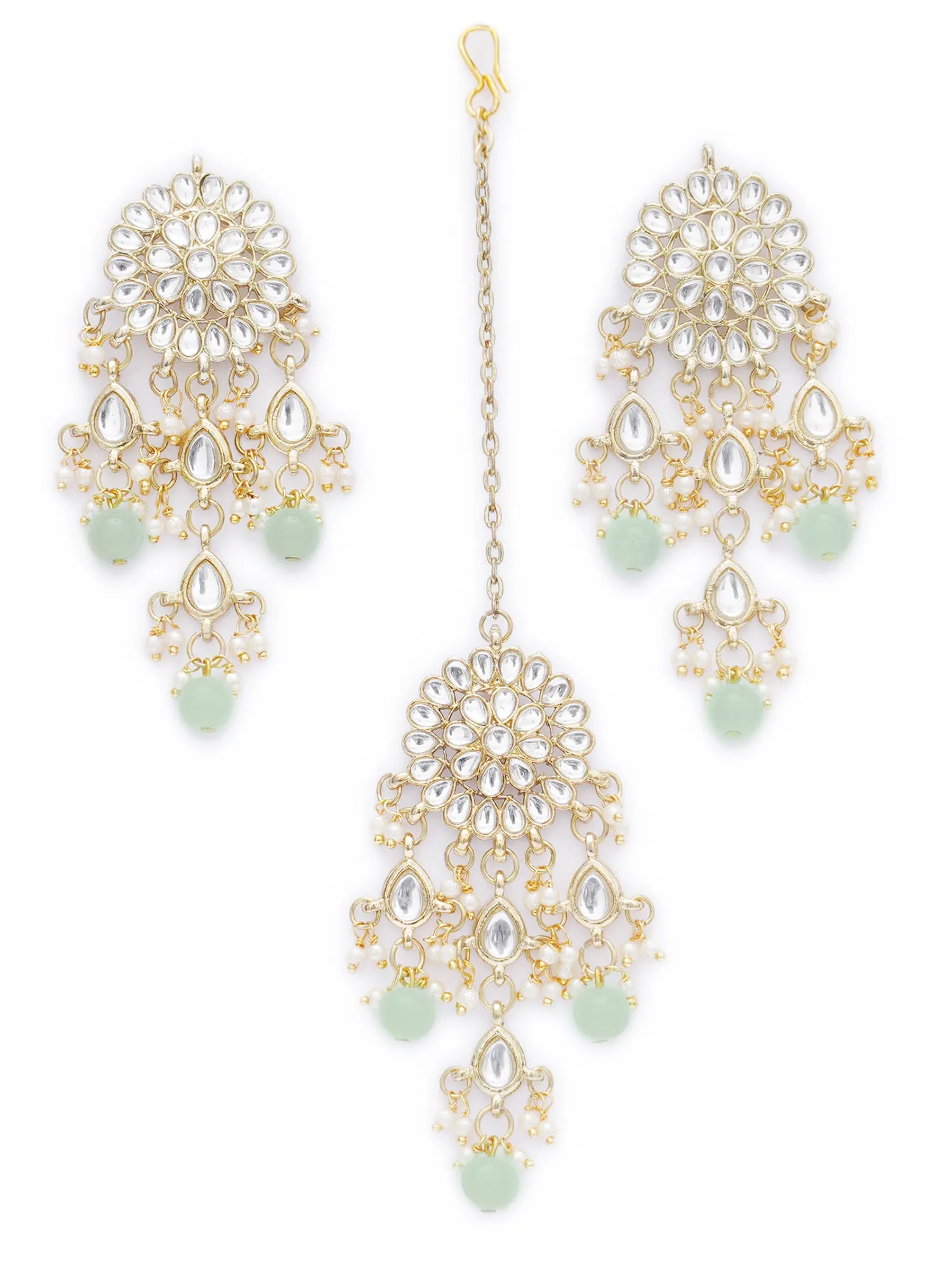 Gold Plated Embellished Light Green Kundan Tassel Earrings with Maangtikka