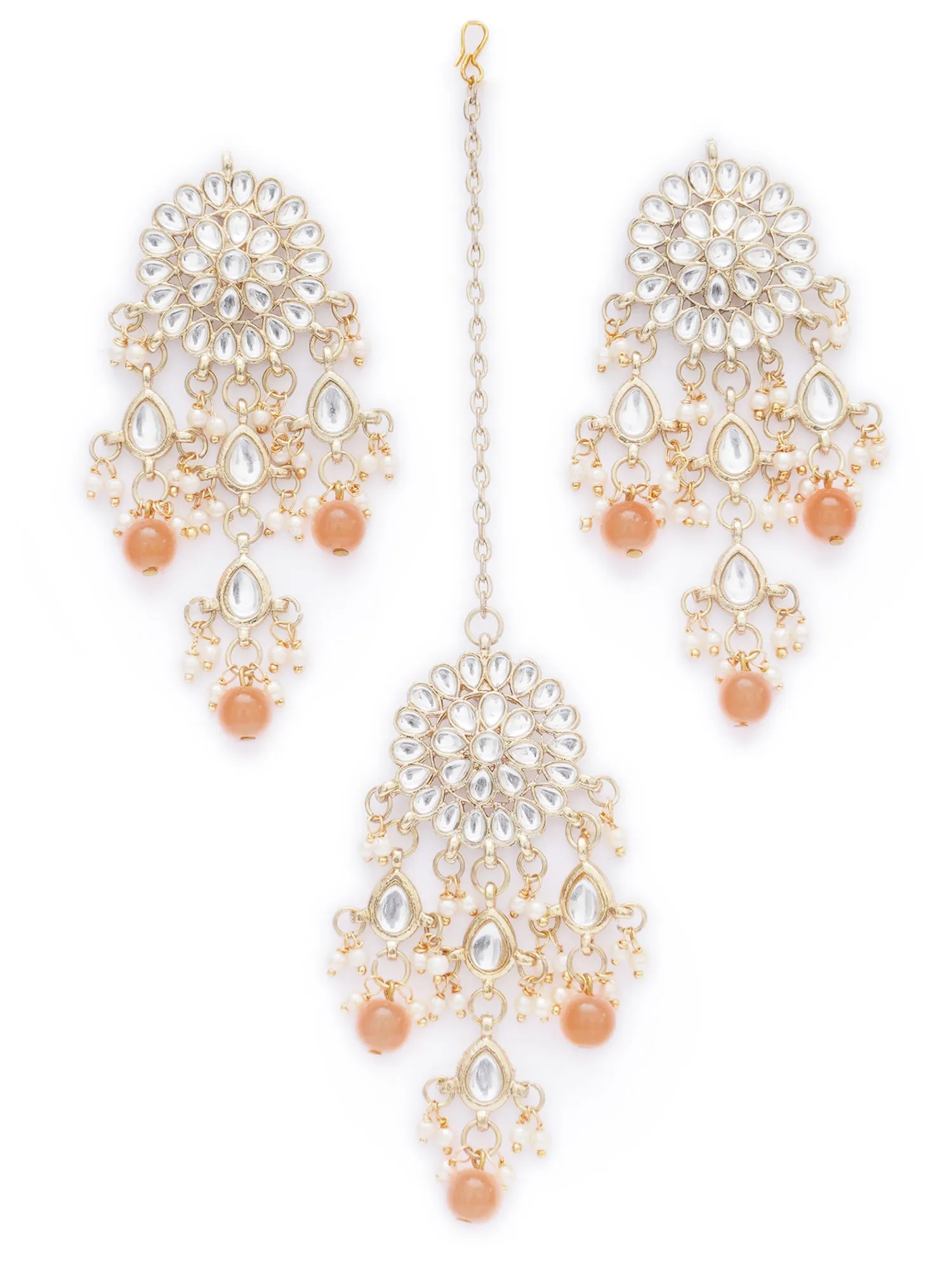 Gold Plated Embellished Peach Kundan Tassel Earrings with Maangtikka