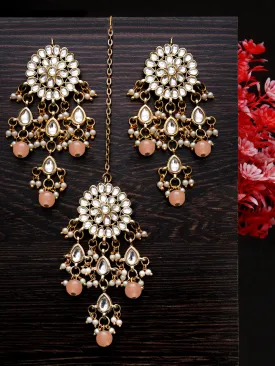 Gold Plated Embellished Peach Kundan Tassel Earrings with Maangtikka