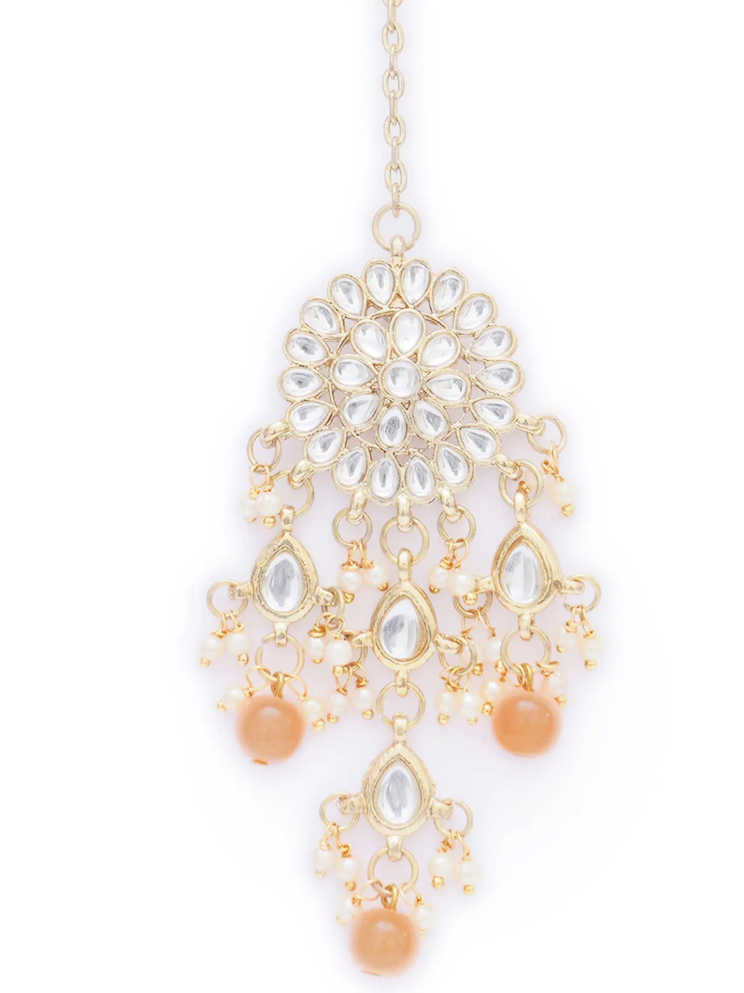 Gold Plated Embellished Peach Kundan Tassel Earrings with Maangtikka