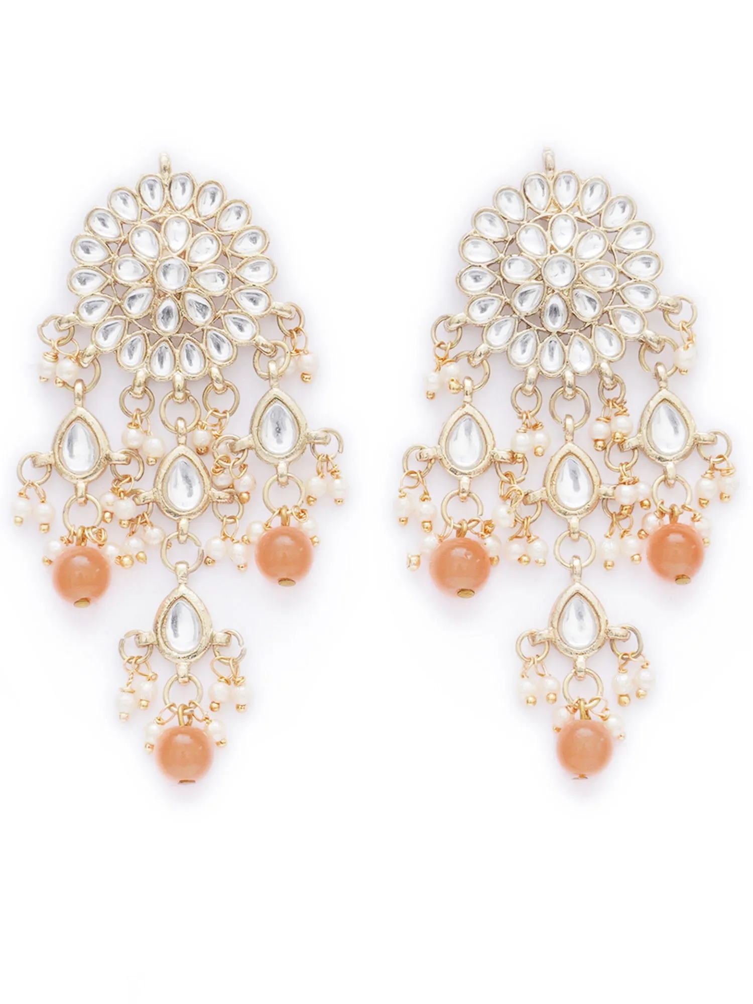 Gold Plated Embellished Peach Kundan Tassel Earrings with Maangtikka