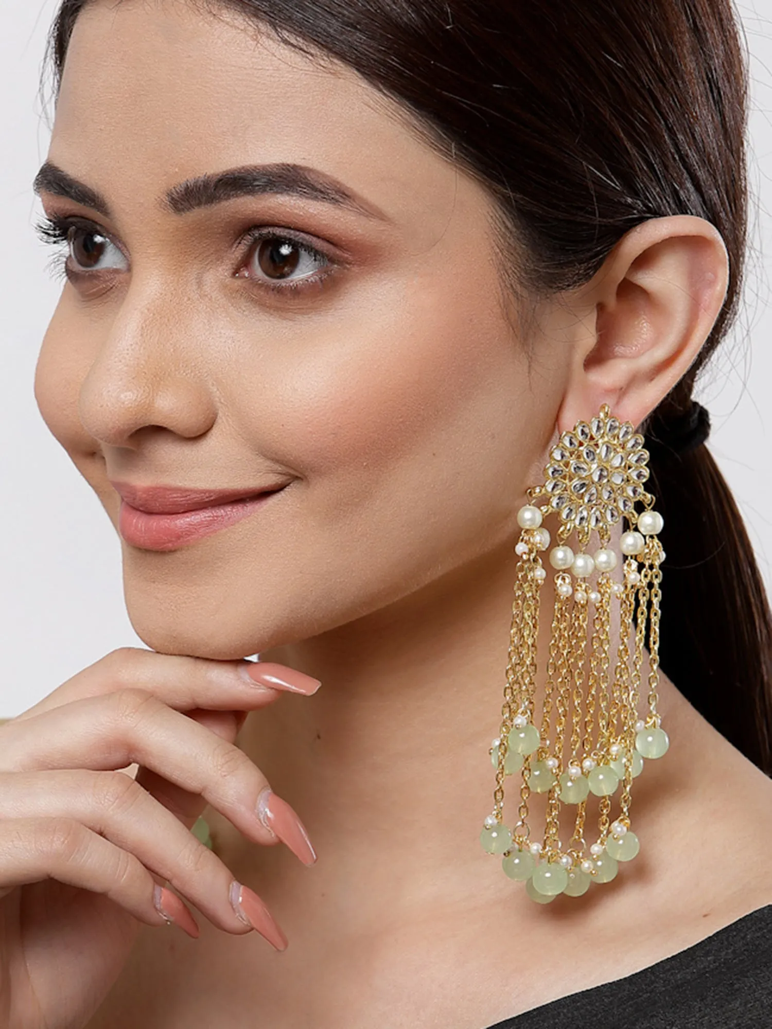 Gold Plated Lime Green Kundan Tassel Earrings