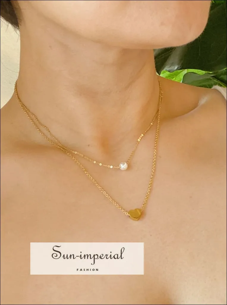 Gold Plated Pearl Heart Layered Necklace