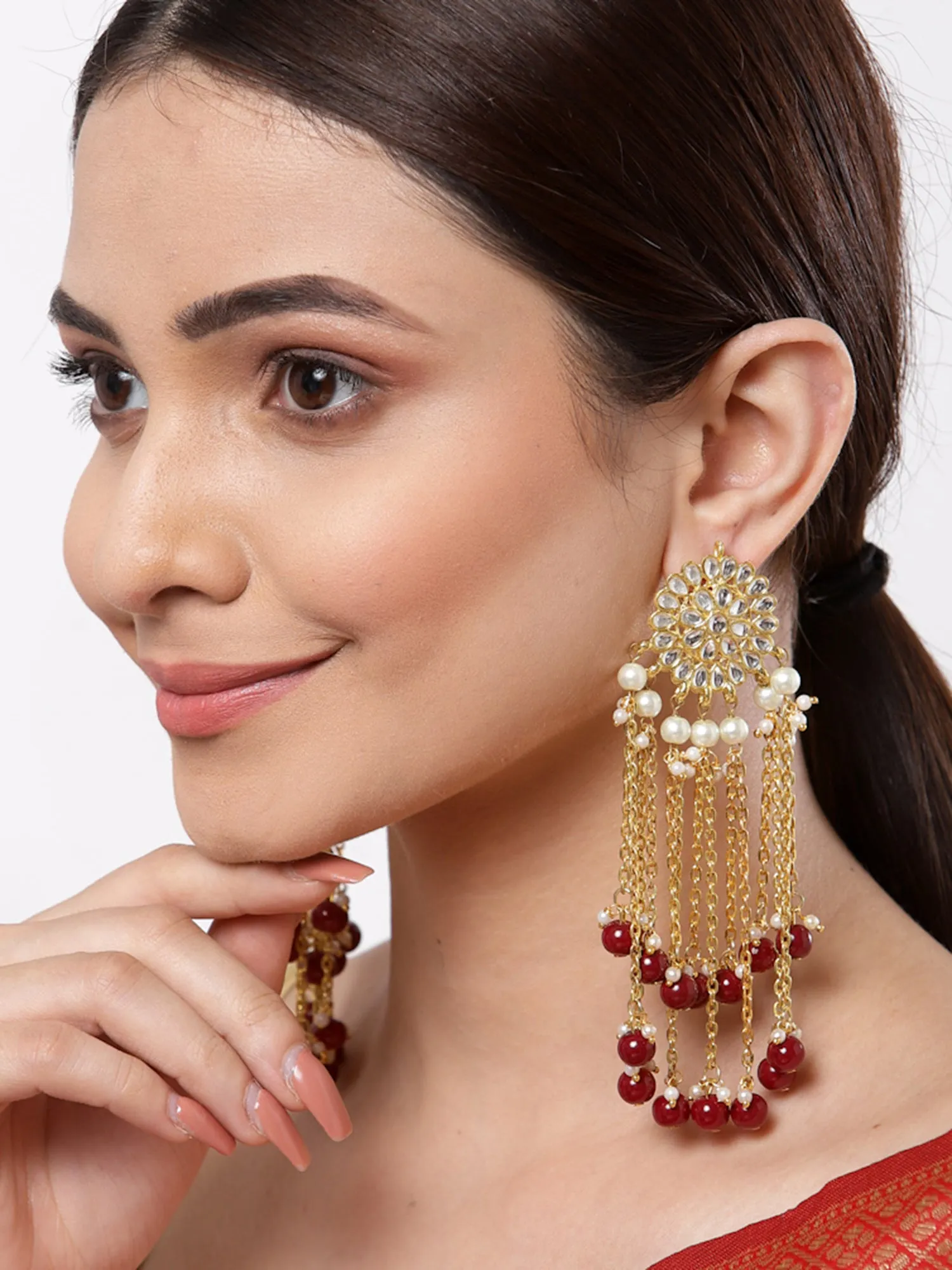 Gold Plated Red Kundan Tassel Earrings