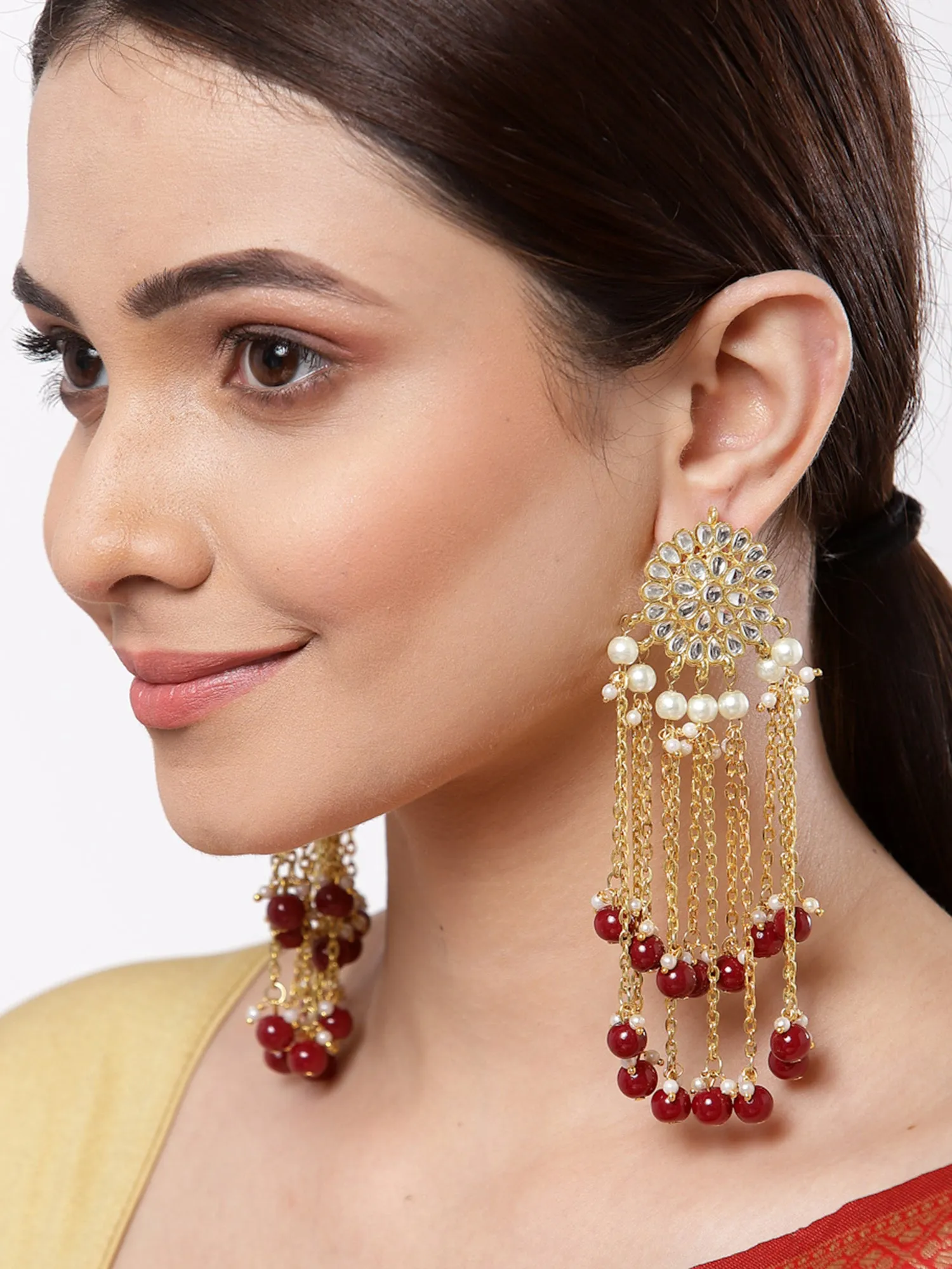 Gold Plated Red Kundan Tassel Earrings