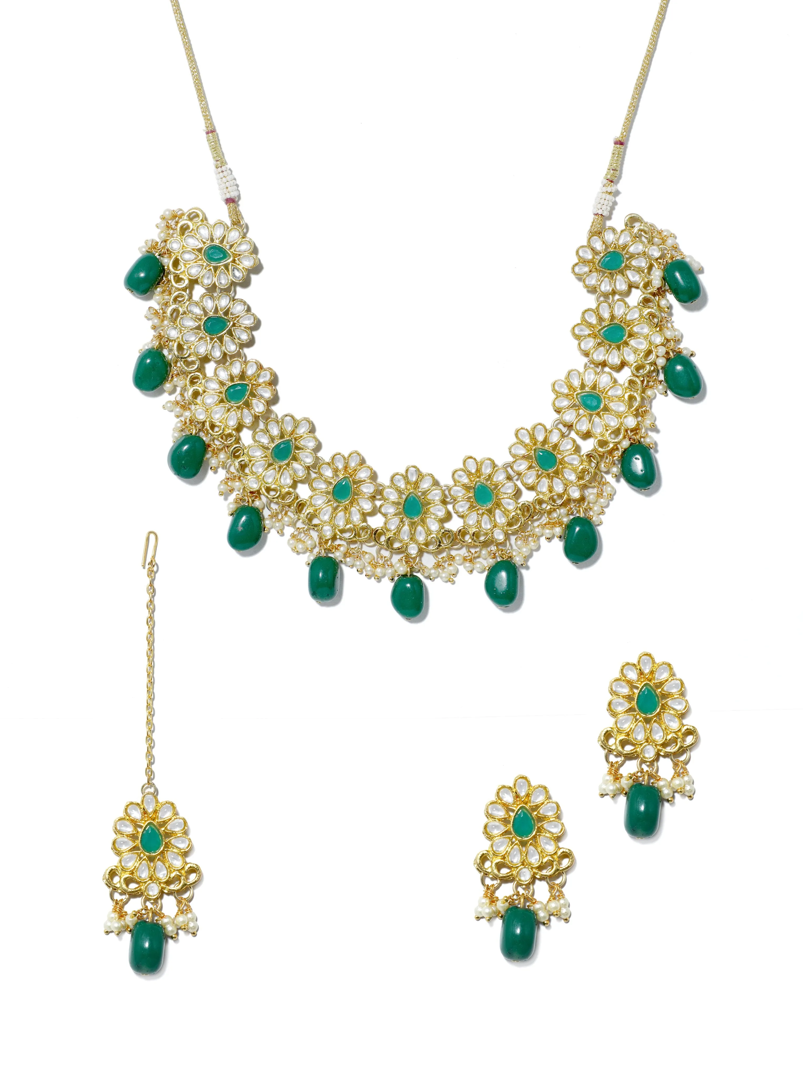 Green Stone and Tassels Embellished Kundan Choker Necklace Set