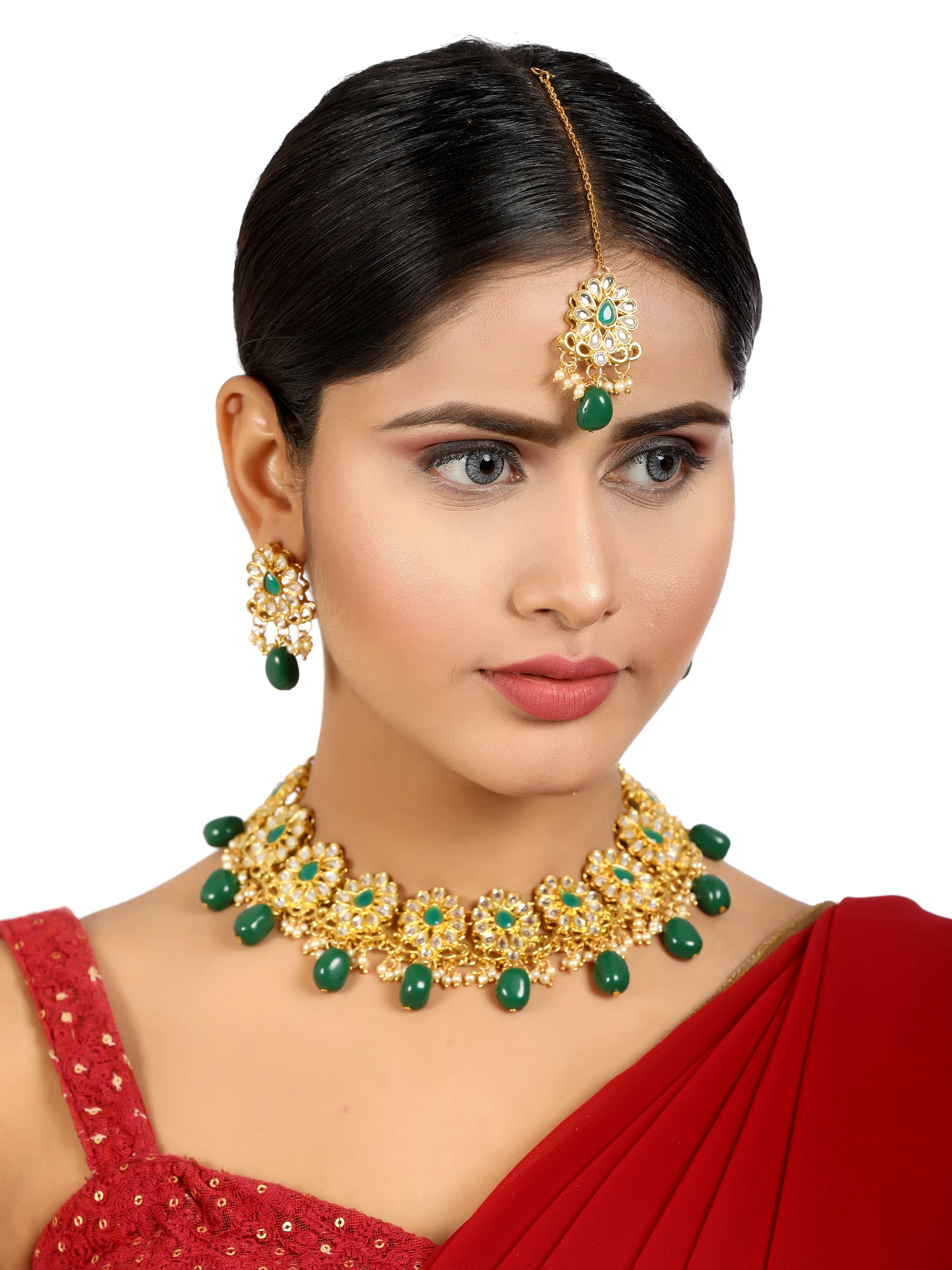 Green Stone and Tassels Embellished Kundan Choker Necklace Set