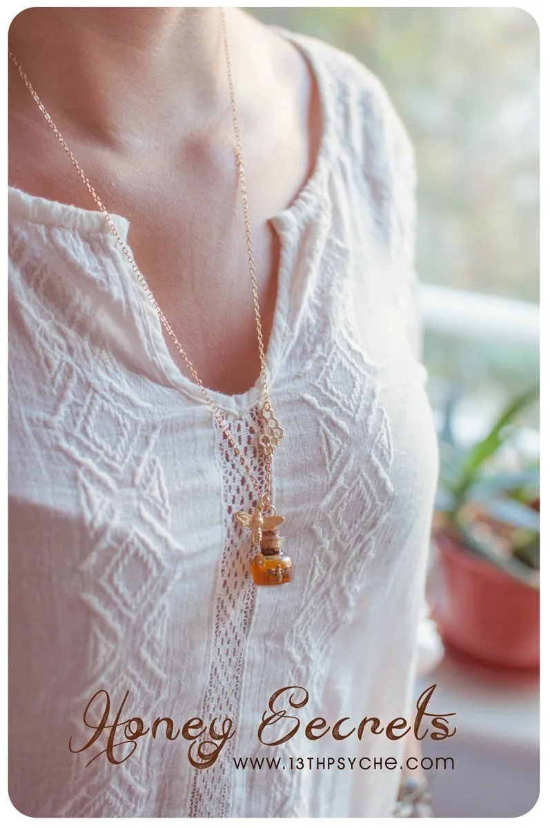 Honey bee and honeycomb bottle necklace