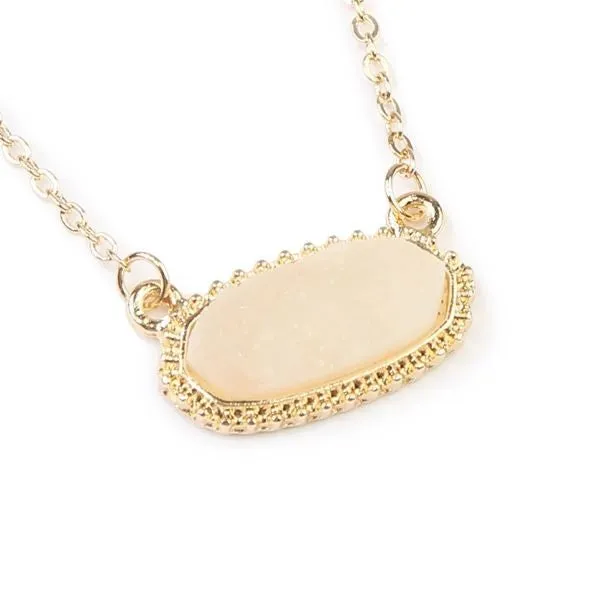 Ivory Gold Short Druzy Oval Pendant Necklace & Stud Earrings Set