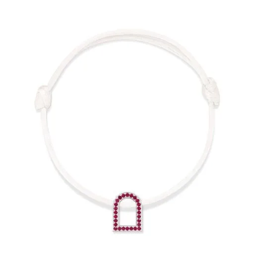 L'Arc Voyage Charm MM, 18k White Gold with Galerie Rubies on Silk Cord