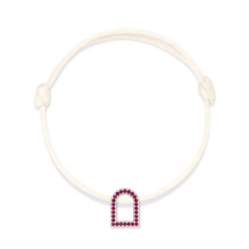 L'Arc Voyage Charm MM, 18k White Gold with Galerie Rubies on Silk Cord