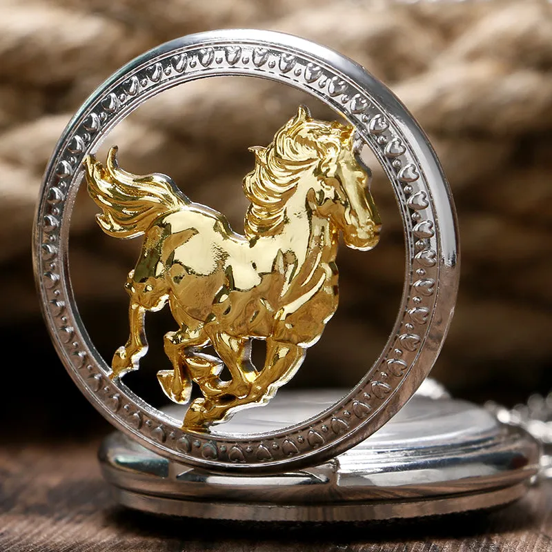 Luxurious Silver Golden Running Horse Pocket Watch