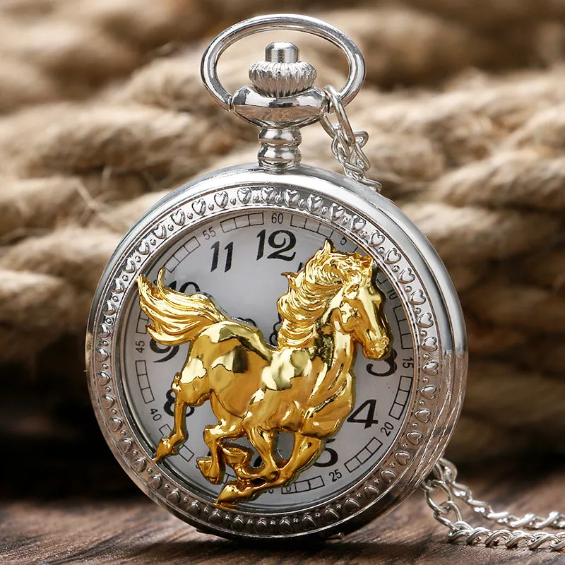 Luxurious Silver Golden Running Horse Pocket Watch