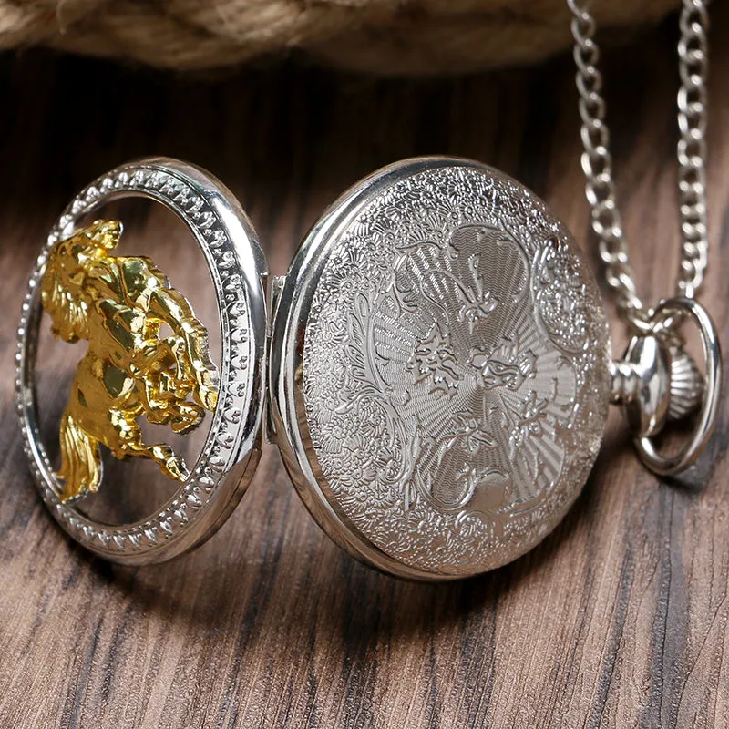 Luxurious Silver Golden Running Horse Pocket Watch