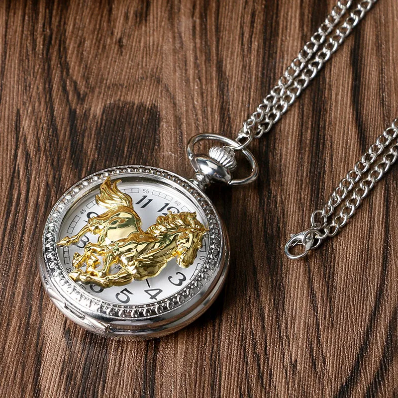 Luxurious Silver Golden Running Horse Pocket Watch