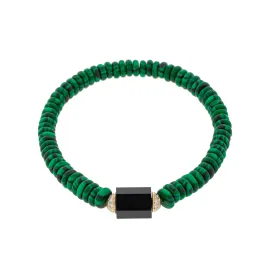 Medium Hexagon Onyx Bolt Bead with White Diamonds on Malachite Bracelet