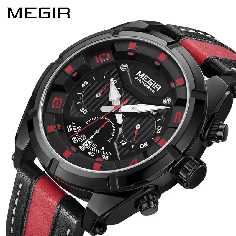 MEGIR Endurance Chronograph Sport Watch Men Quartz Wristwatches Clock Fashion Leather Army Military Watches Hour Time Relogio Masculino