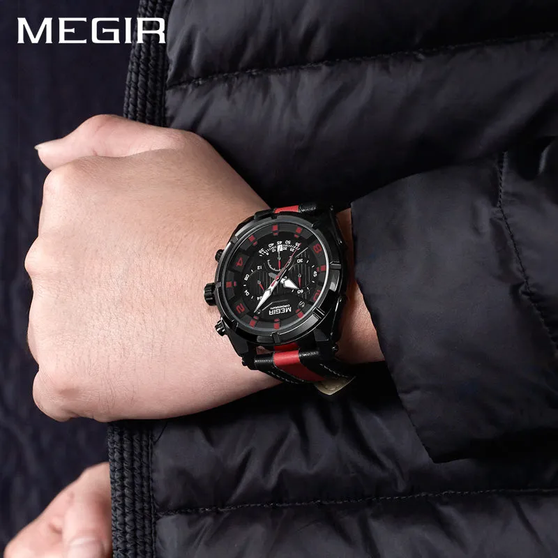 MEGIR Endurance Chronograph Sport Watch Men Quartz Wristwatches Clock Fashion Leather Army Military Watches Hour Time Relogio Masculino