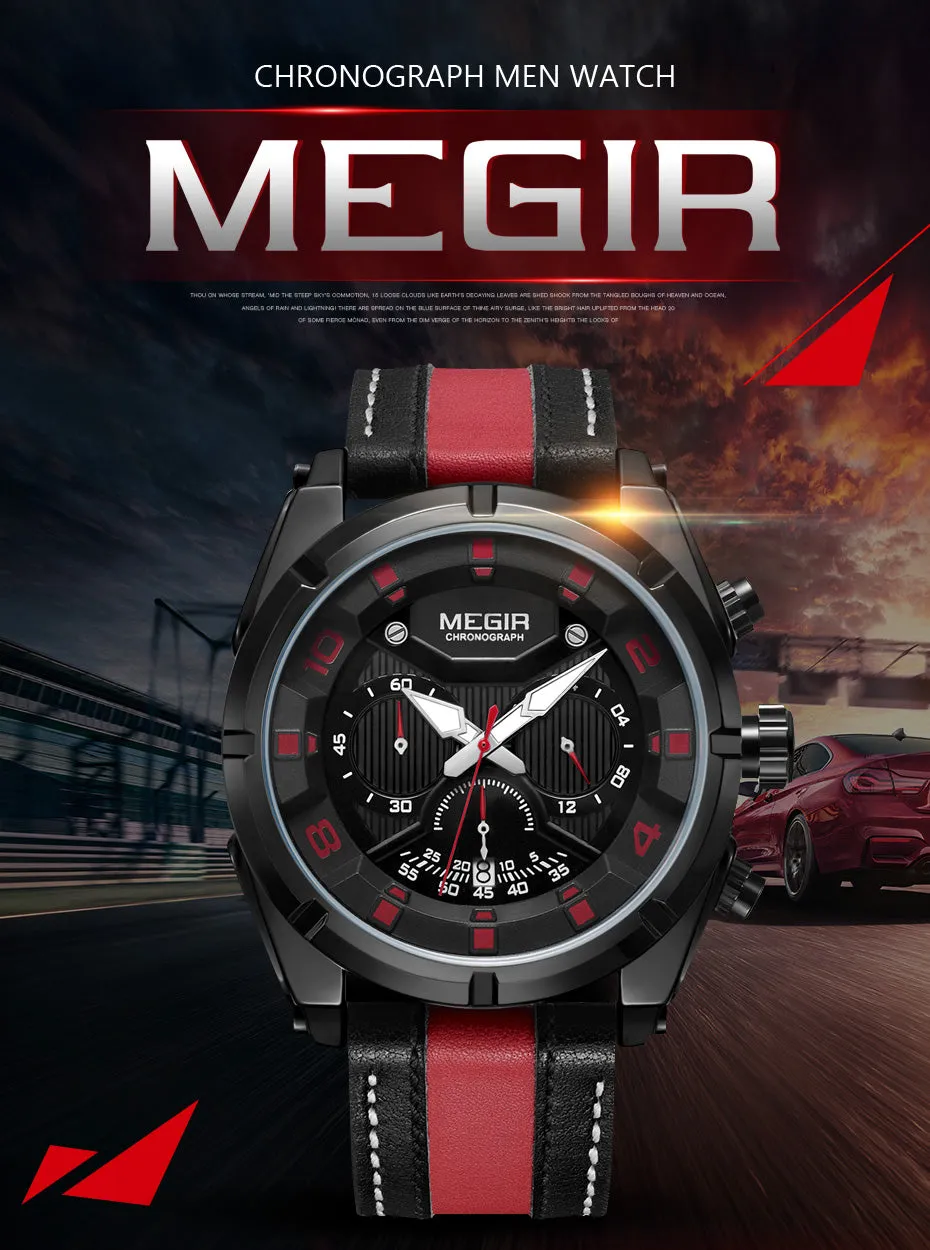 MEGIR Endurance Chronograph Sport Watch Men Quartz Wristwatches Clock Fashion Leather Army Military Watches Hour Time Relogio Masculino