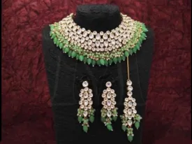 Mint Green Kundan Choker Necklace & Earring Set With Maang Tika