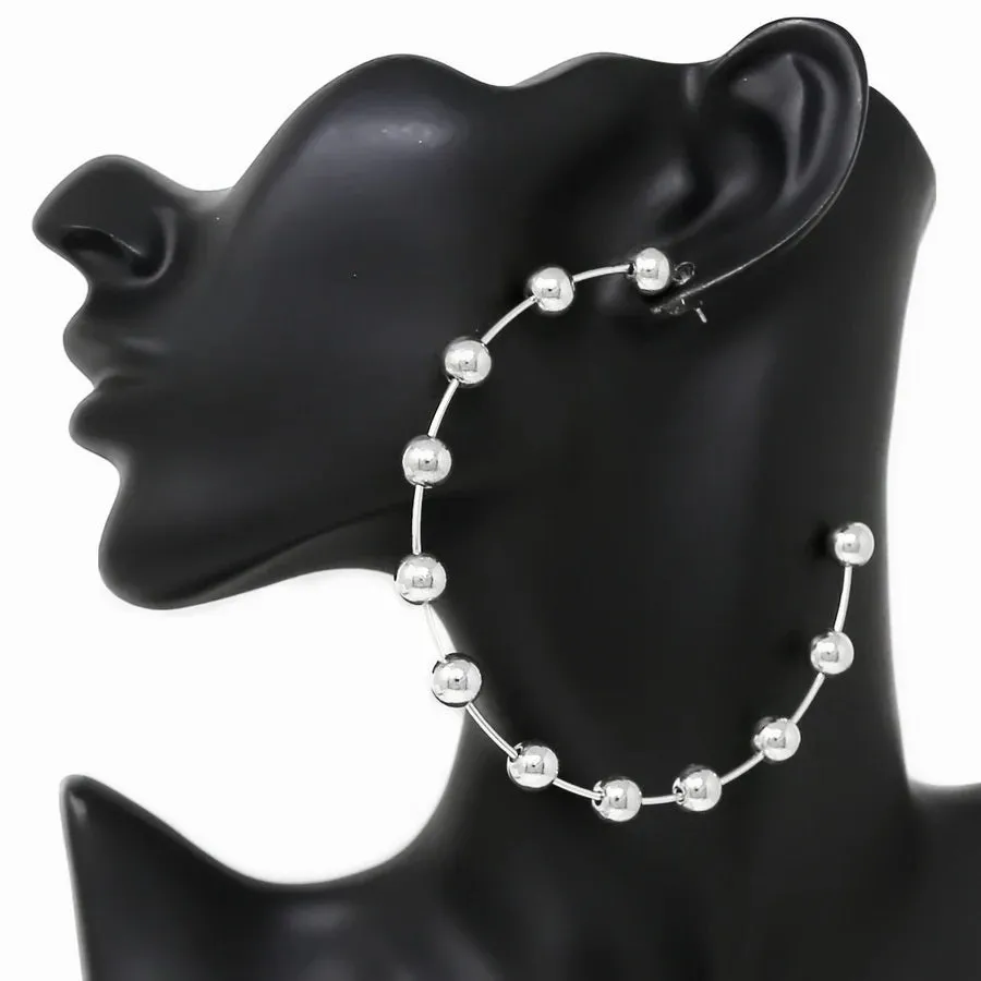 Miss Extra Silver Bead Ball Hoop Post Earrings