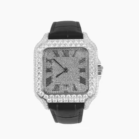 Moissanite Black Croco Half Iced Leather Band Watch Bezel 9.6ct