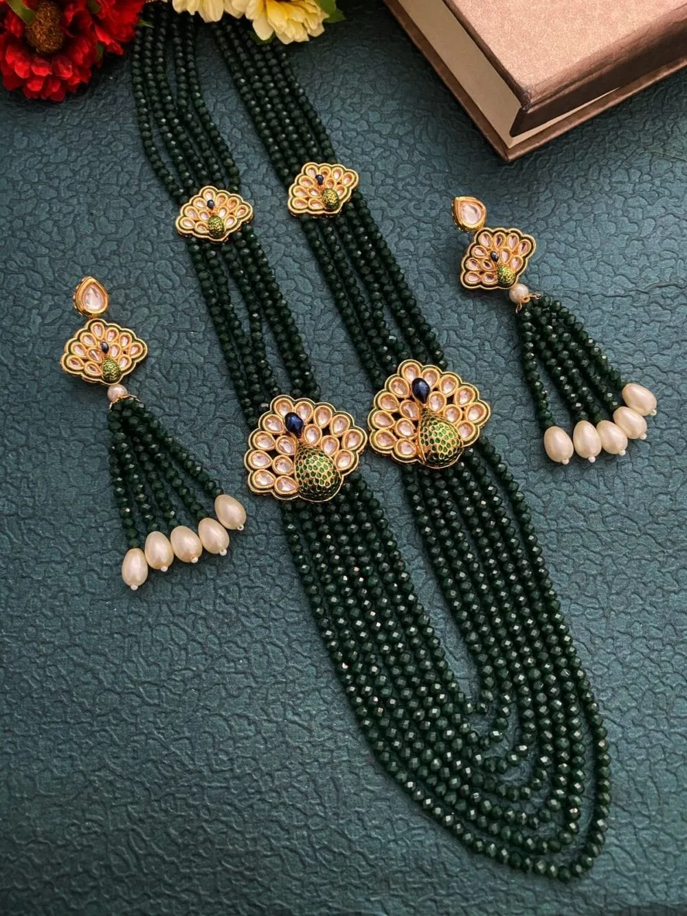 Multilayered Green Crystal Beads Choker And Long Necklace Set By Gehna Shop