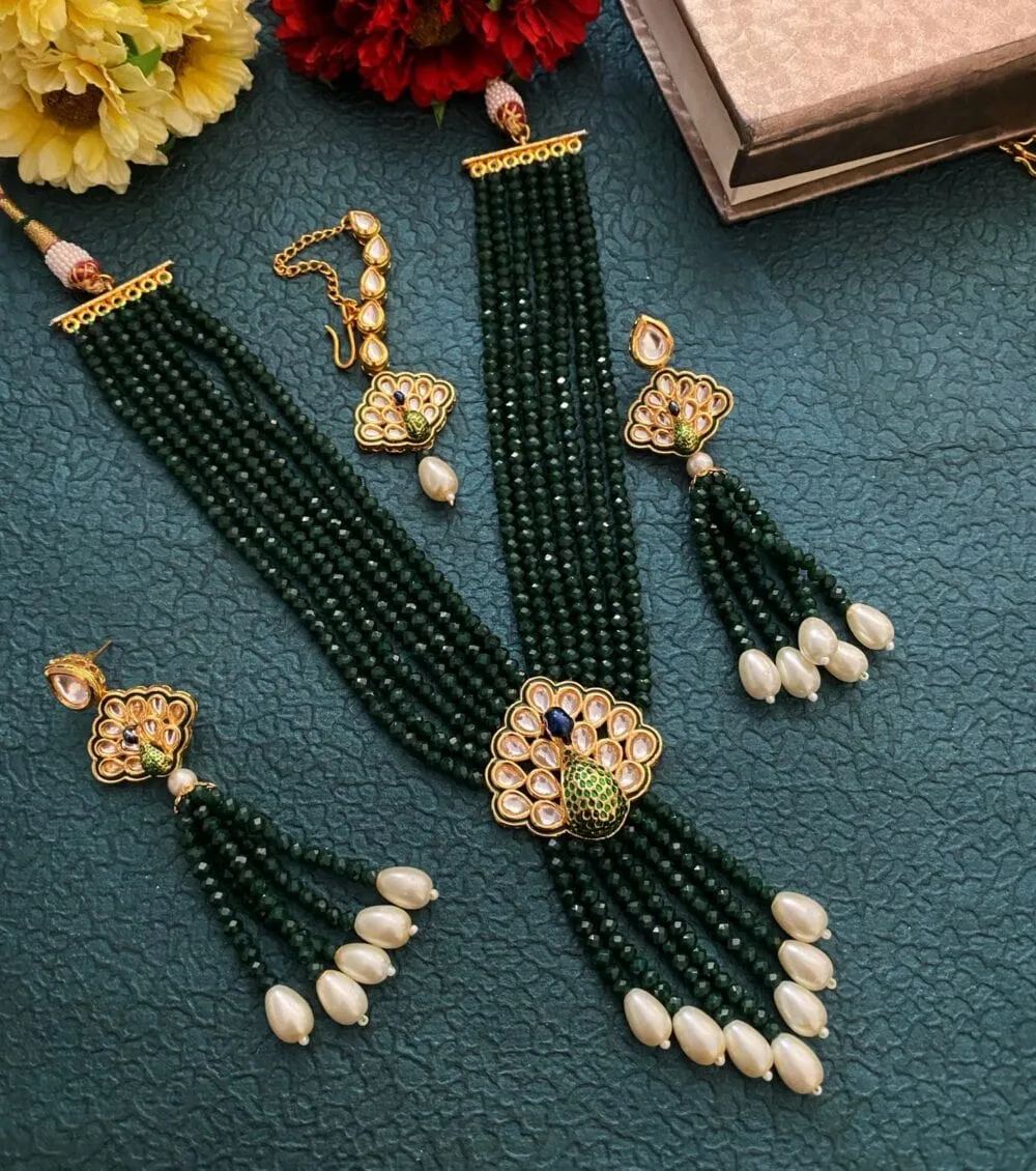 Multilayered Green Crystal Beads Choker And Long Necklace Set By Gehna Shop