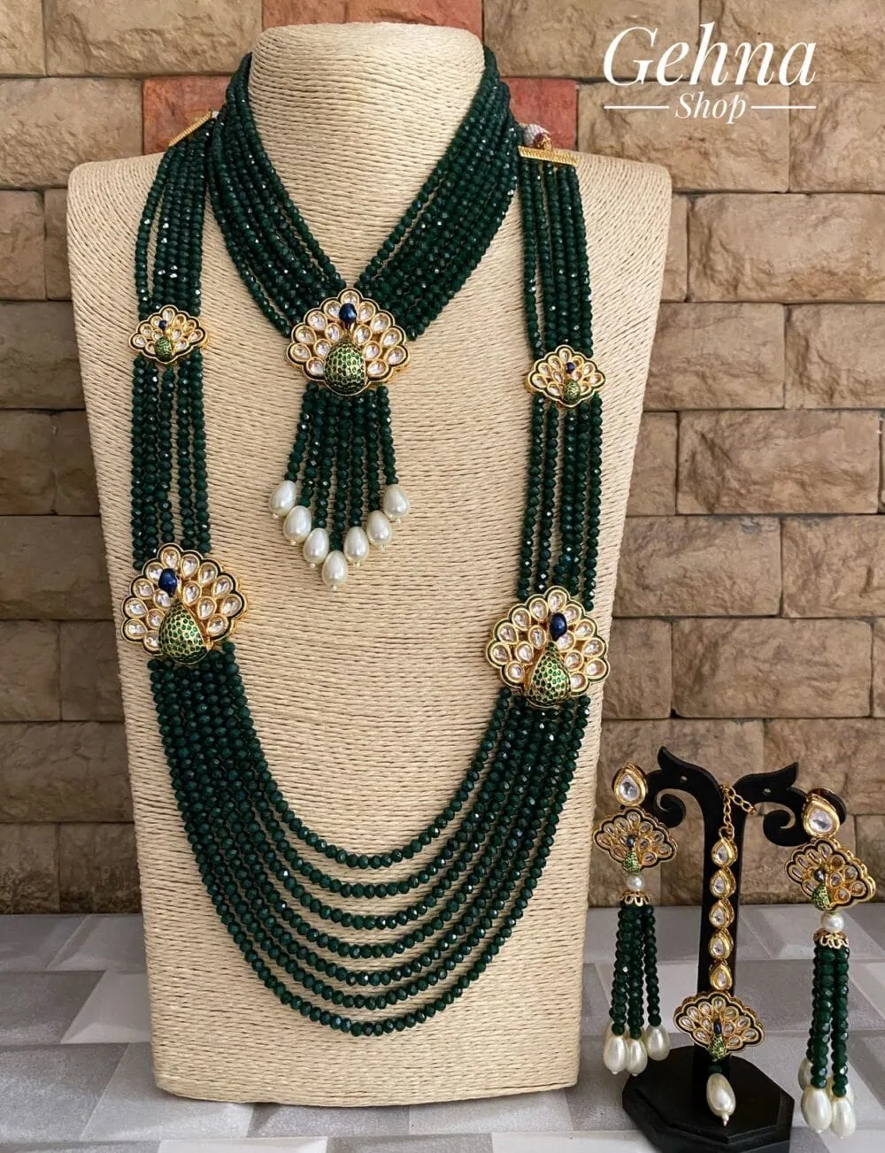 Multilayered Green Crystal Beads Choker And Long Necklace Set By Gehna Shop