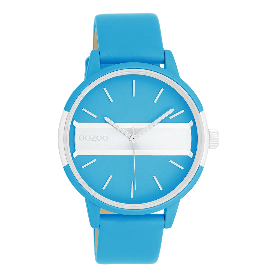 Neon blue/gold coloured OOZOO watch with bright blue leather strap - C11188