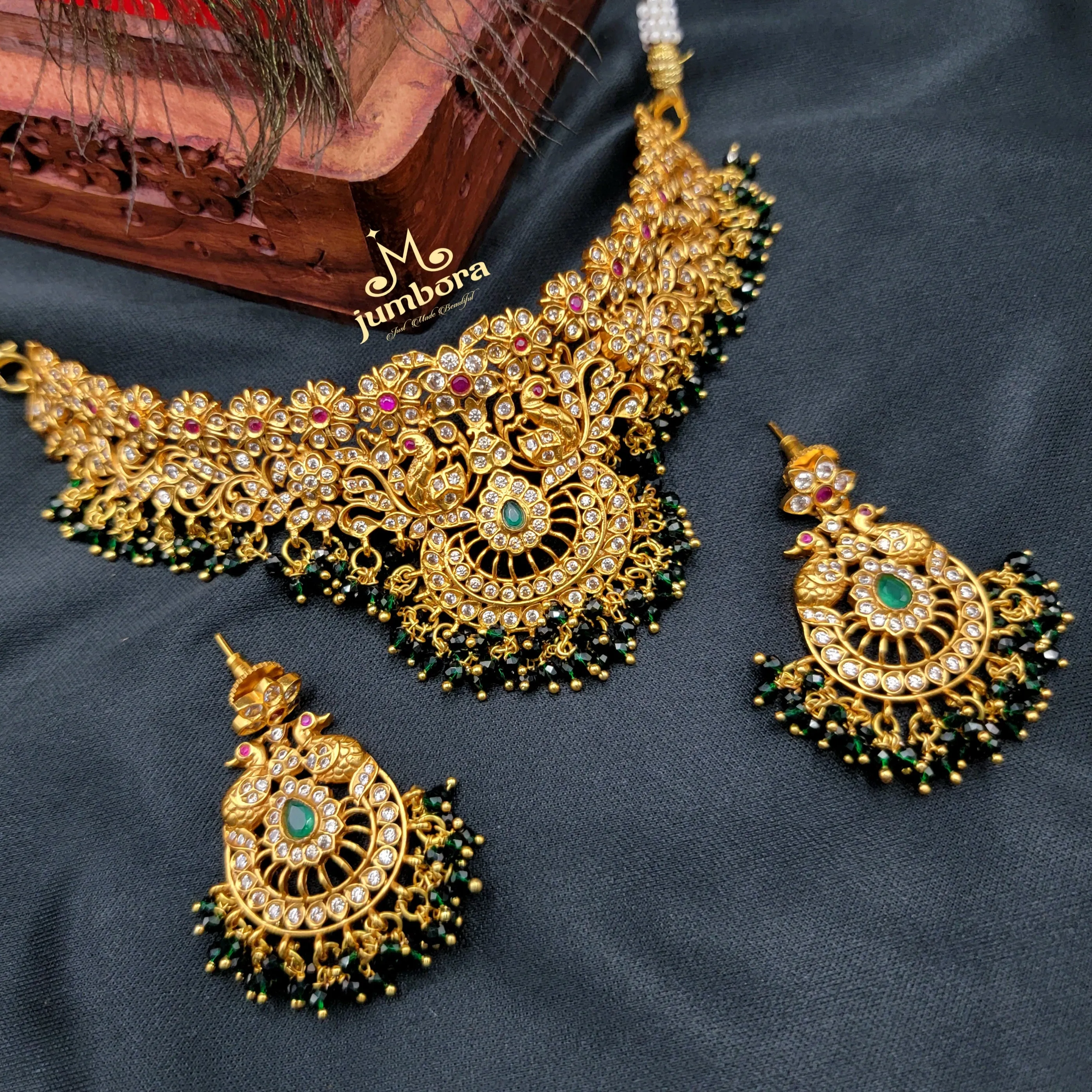 Peacock Matte Antique Gold AD Choker Style Necklace set