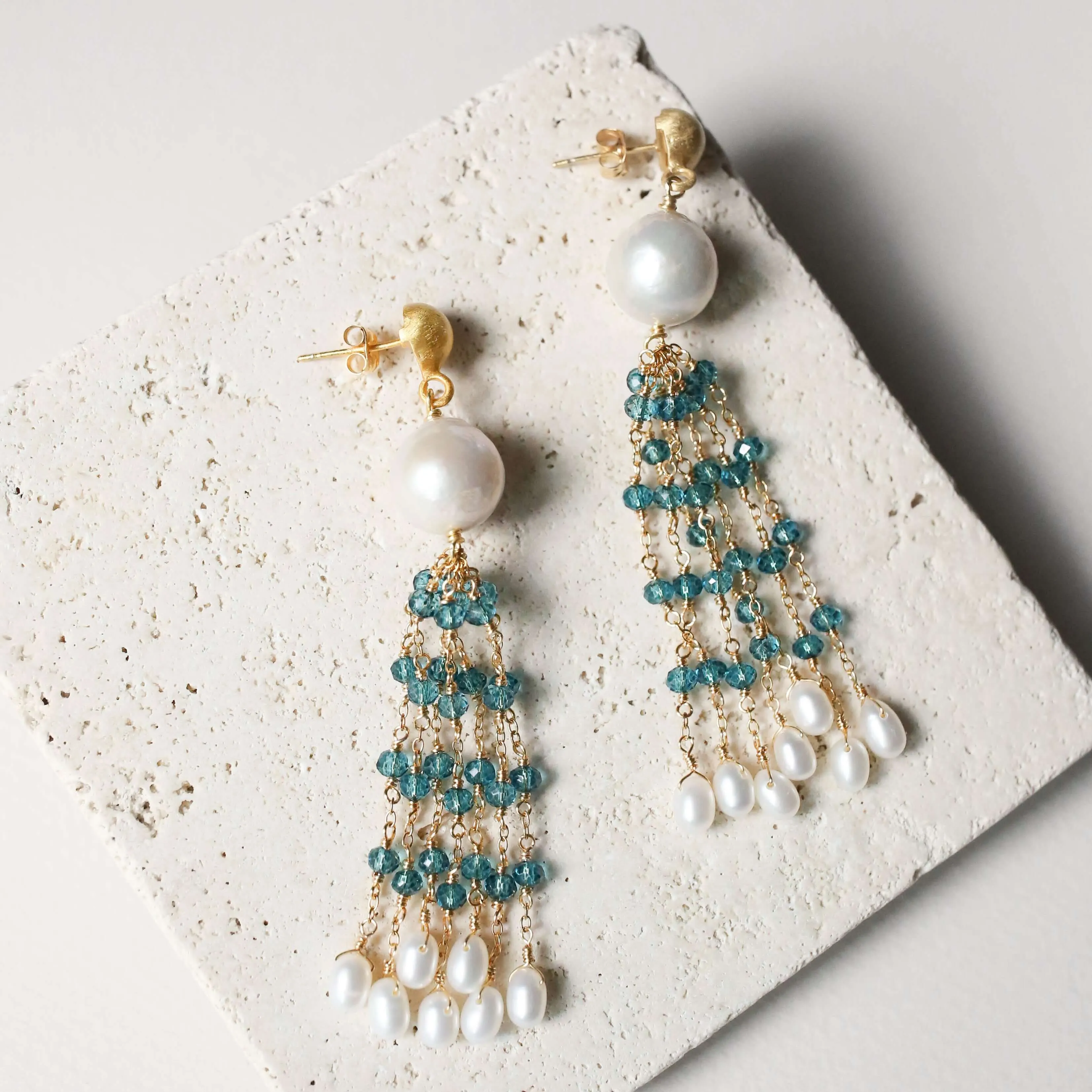 Pearl & Aqua Chalcedony Tassel Earrings