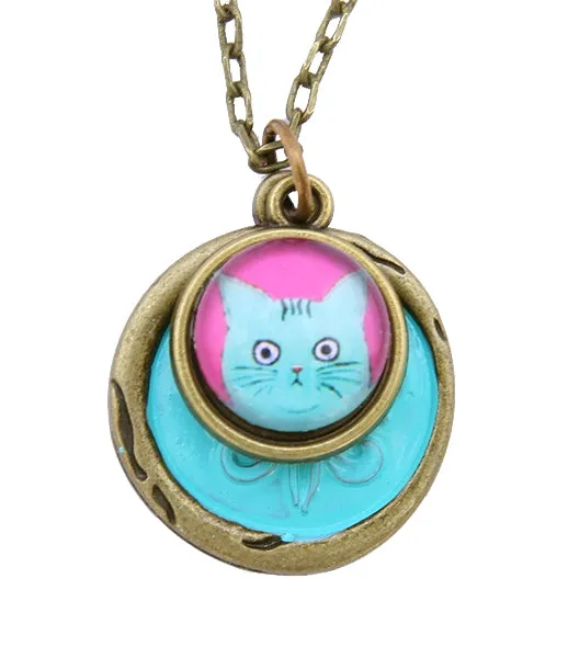 Photo Glass Charm Necklace ~ Blue Kitty