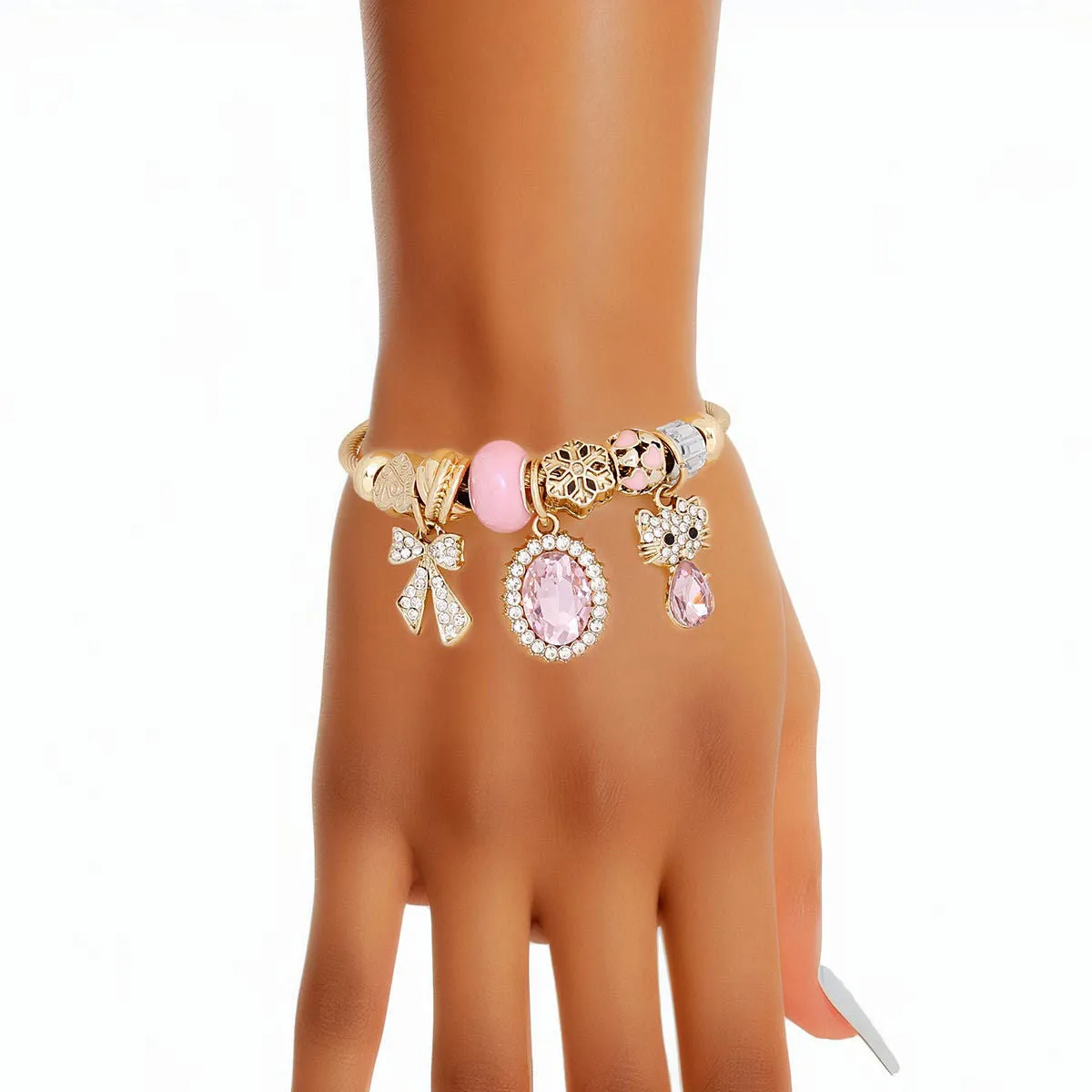 Pink Kitty Gold Cable Bangle Bracelet