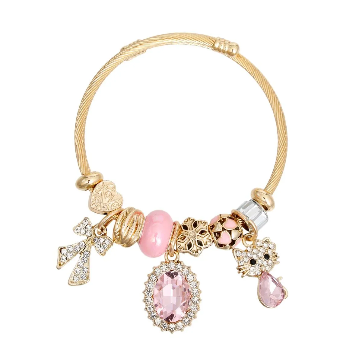 Pink Kitty Gold Cable Bangle Bracelet