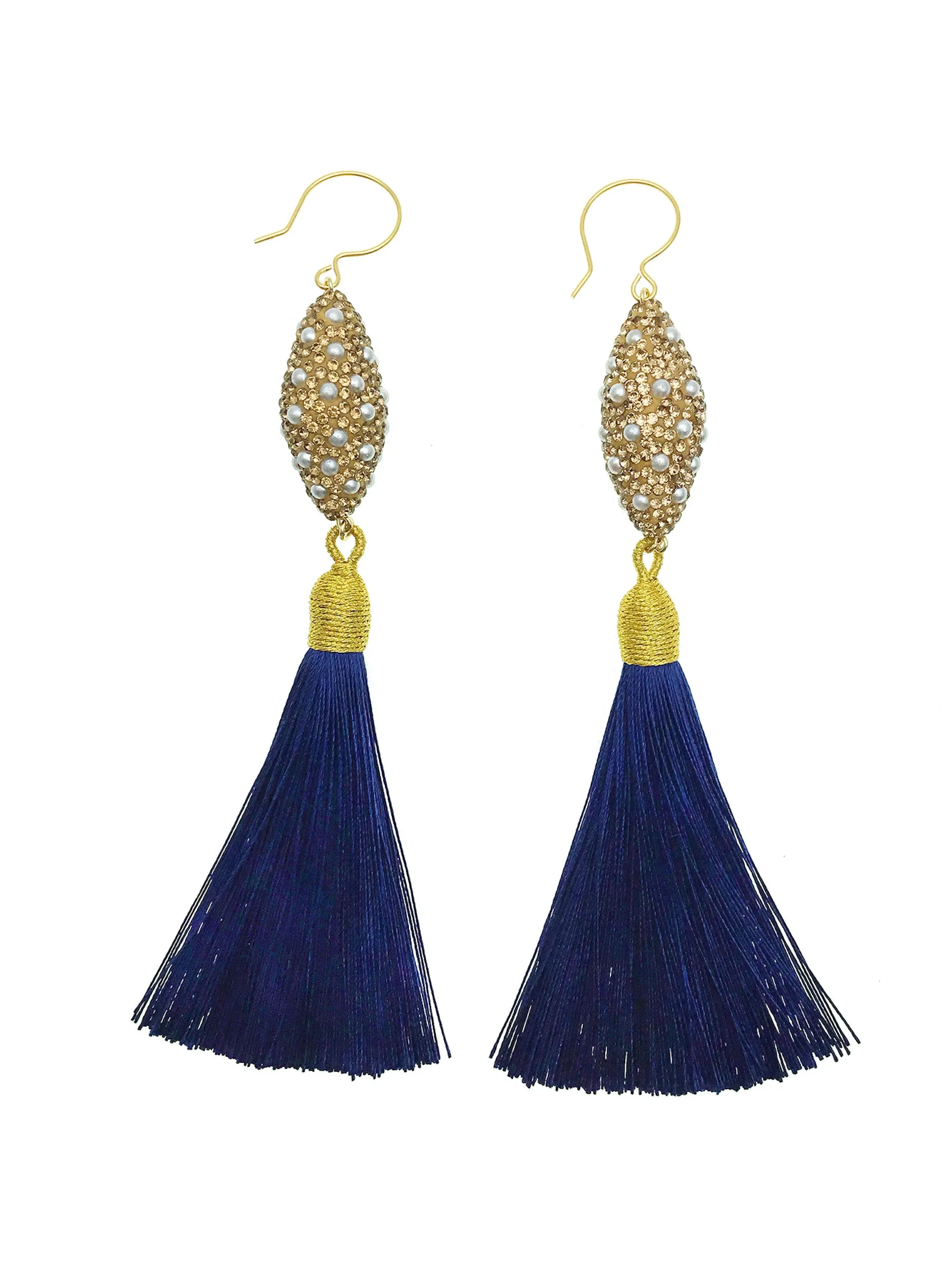 Rhinestones Bordered Pearls With Deep Blue Tassel Earrings CE003