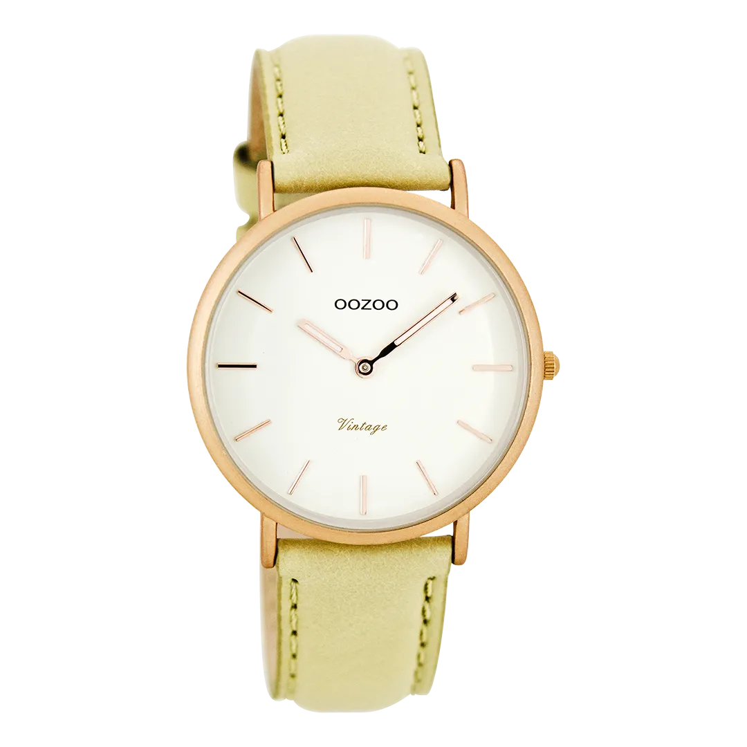 Rose gold coloured  watch with beige leather strap